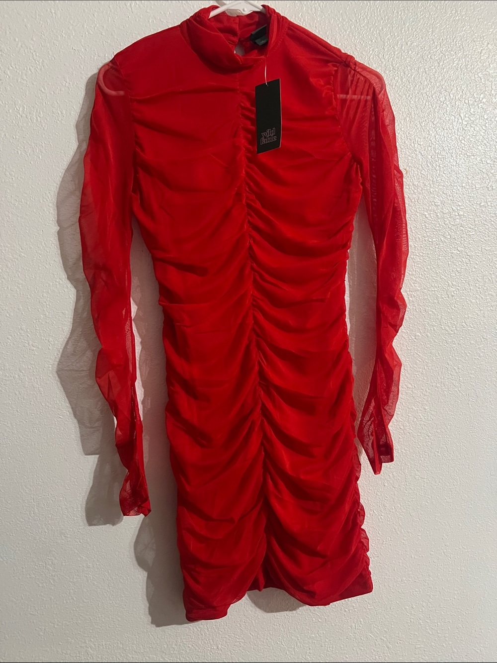 wild fable Red Ruched Sheer-Sleeve Mini Dress